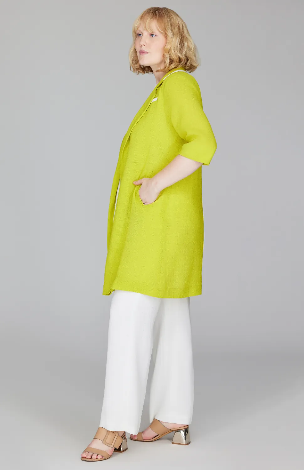 Microlinen Long Blazer with Contrast Trim