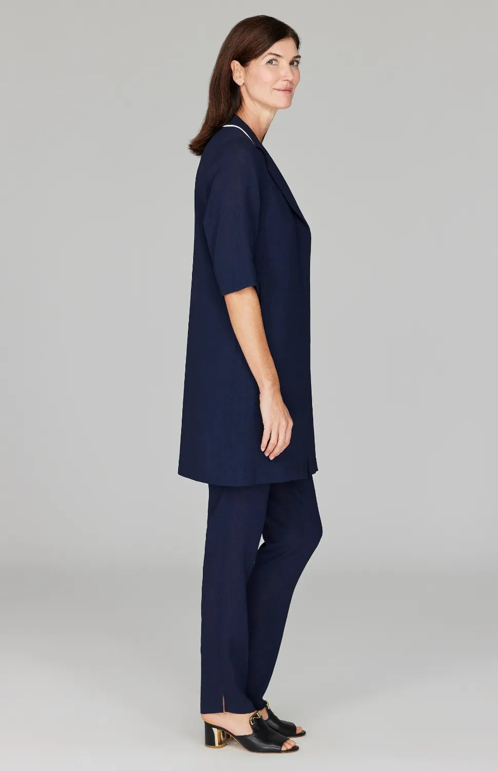 Microlinen Long Blazer with Contrast Trim