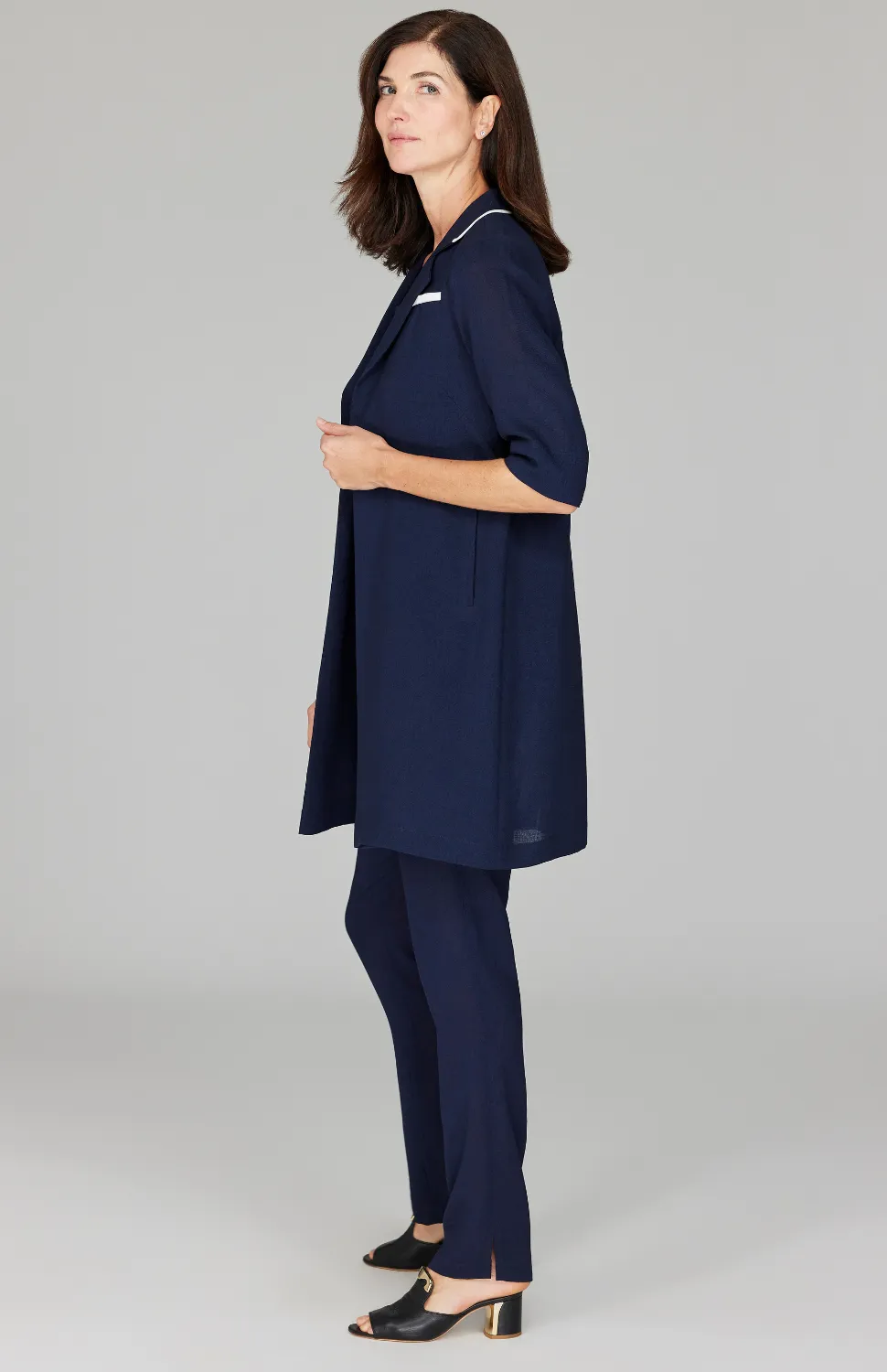 Microlinen Long Blazer with Contrast Trim