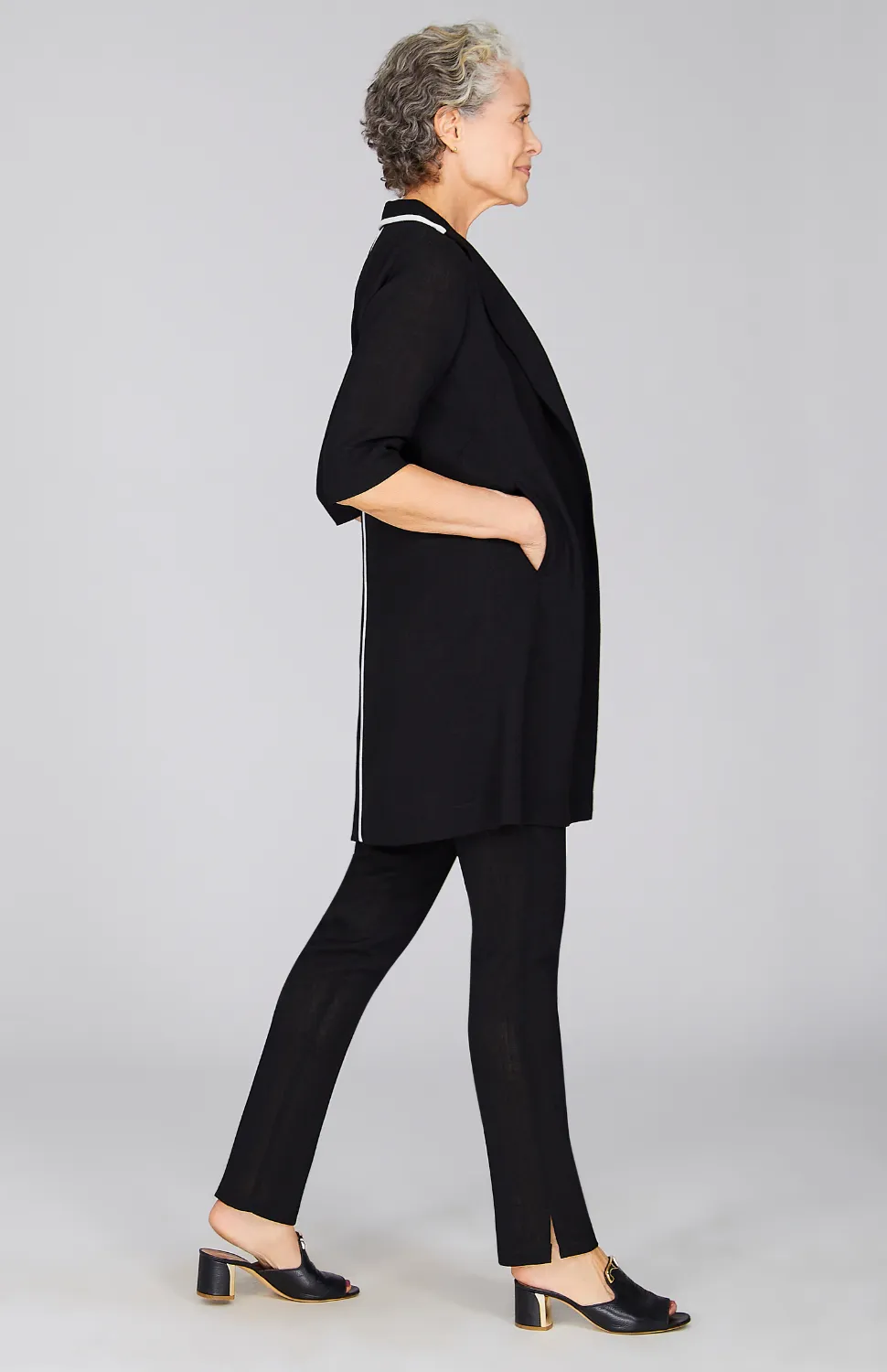 Microlinen Long Blazer with Contrast Trim