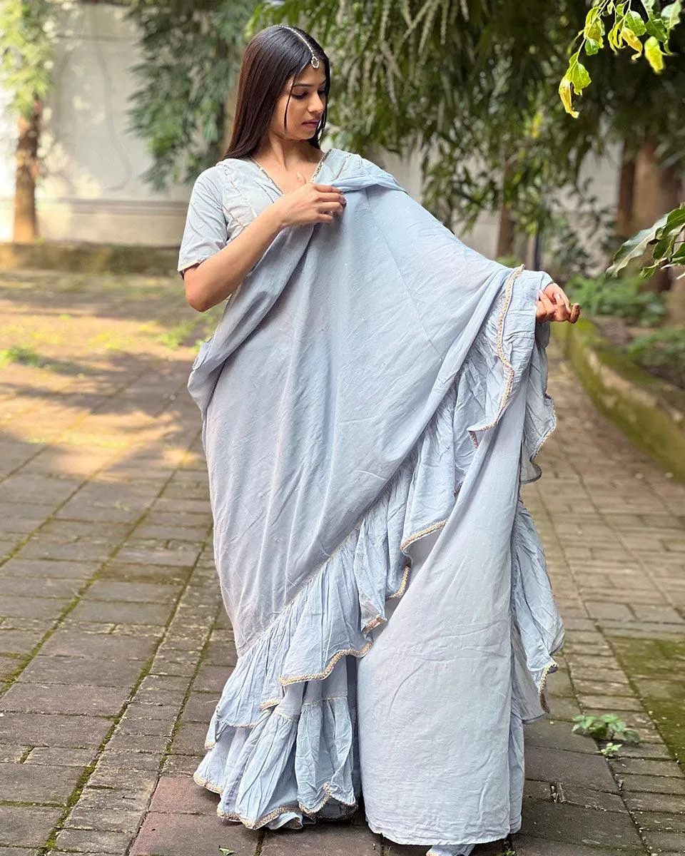 Misty Grey Mulmul Cotton Saree with Blouse Set of 2 - Jugnoo