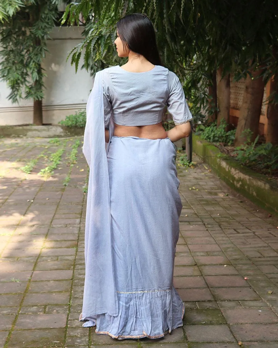 Misty Grey Mulmul Cotton Saree with Blouse Set of 2 - Jugnoo