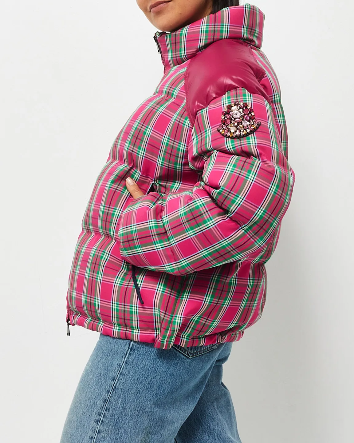 Moncler Pink & Green Plaid Down Puffer Jacket - 4