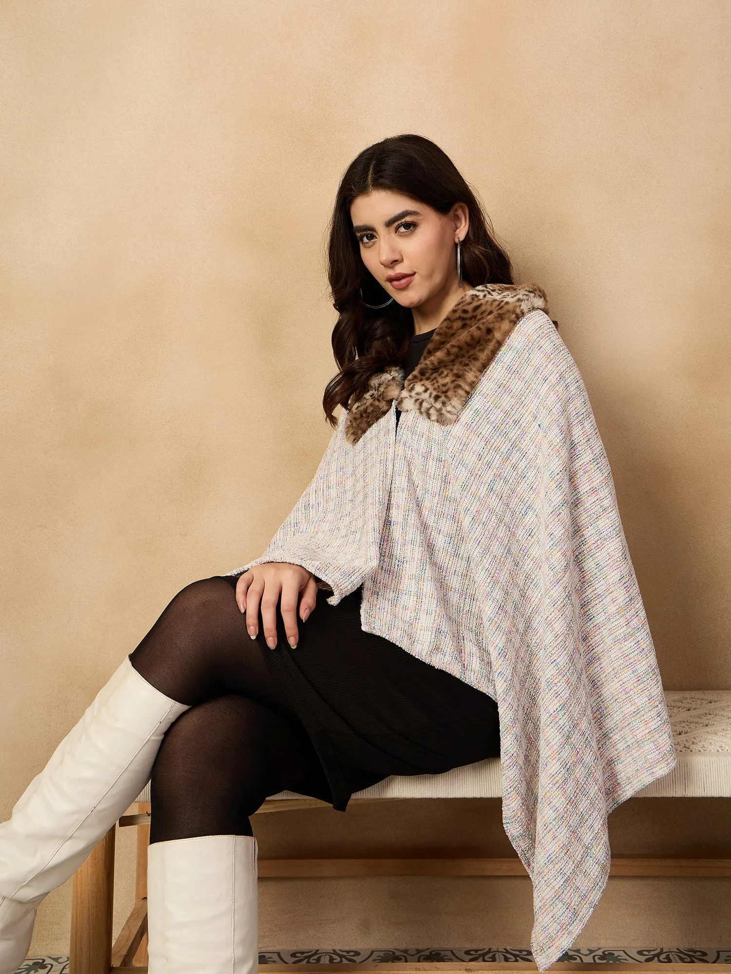 Multi White Acrylic Fur Poncho