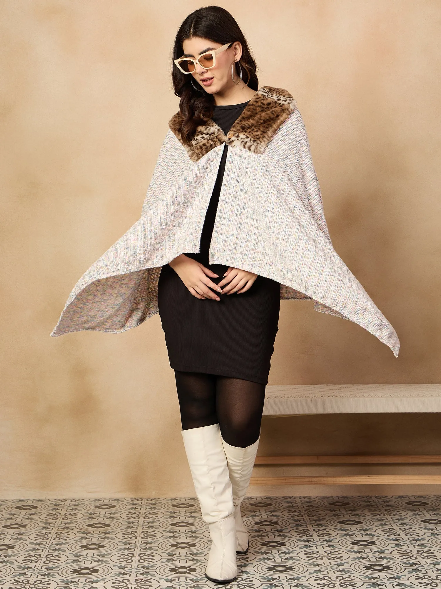 Multi White Acrylic Fur Poncho