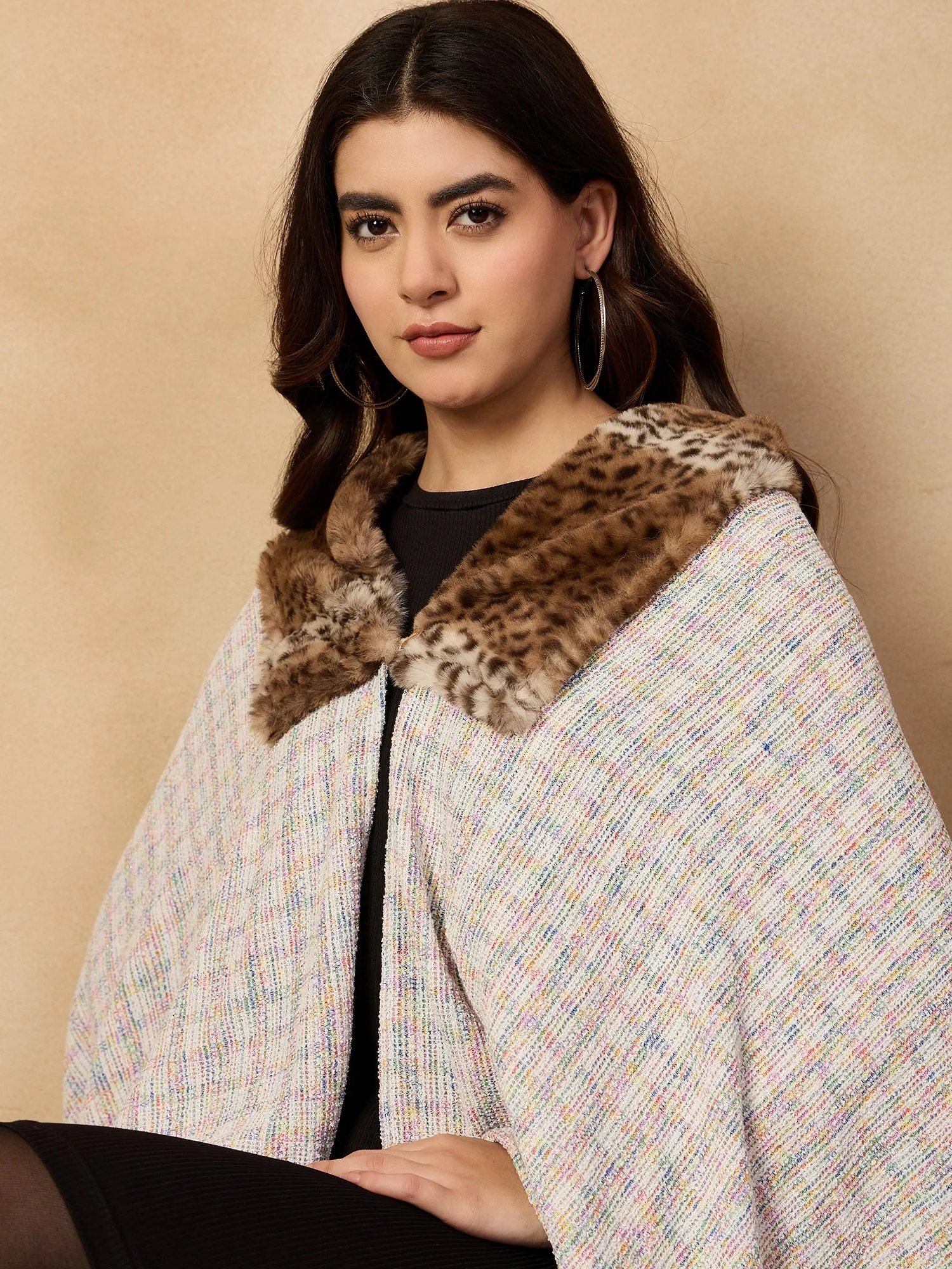 Multi White Acrylic Fur Poncho