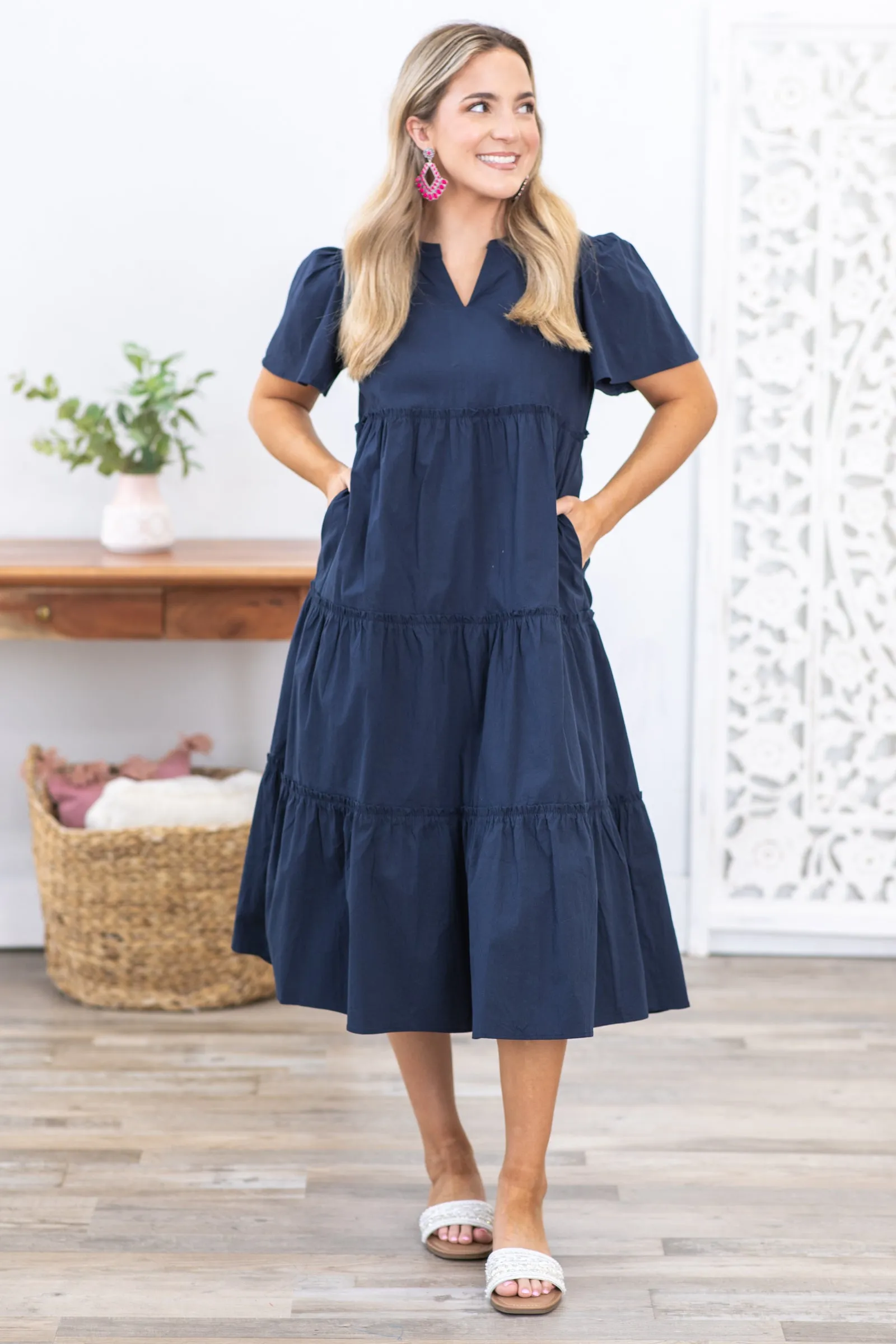 Navy Cotton Poplin Ruffled Midi Dress