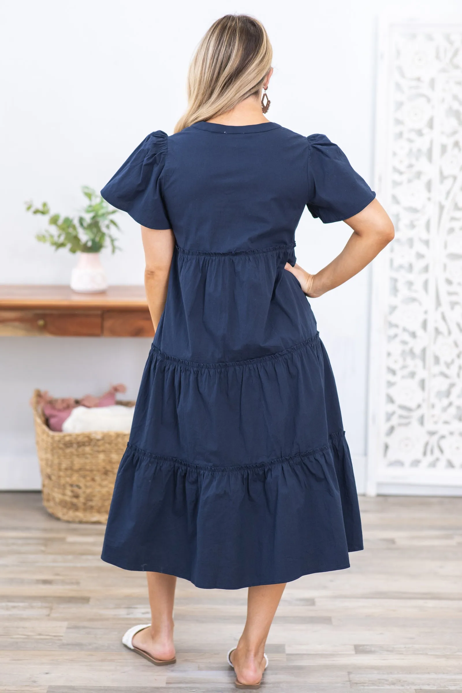 Navy Cotton Poplin Ruffled Midi Dress