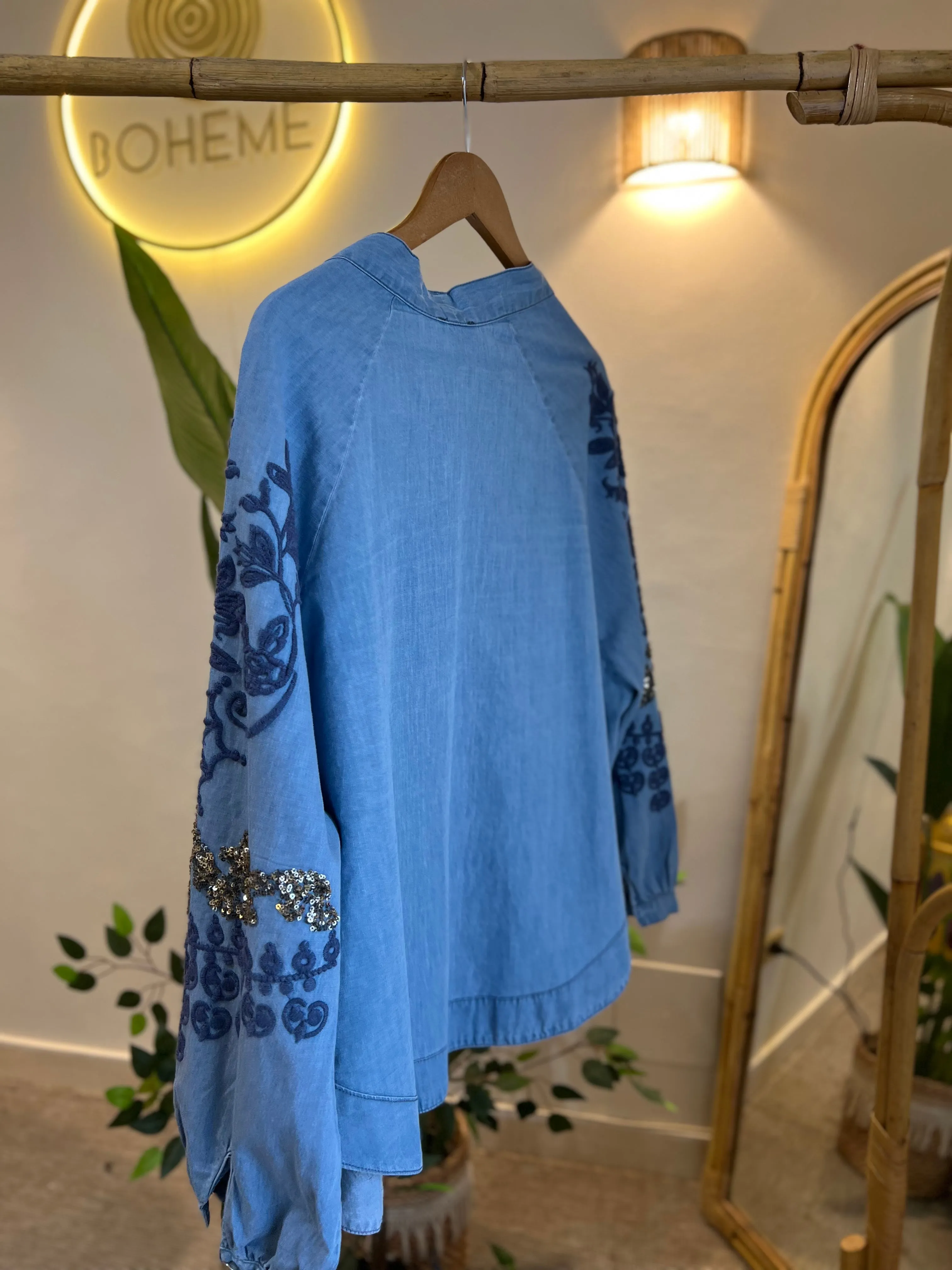 Navy Embroidery With Sequins Denim Kimono