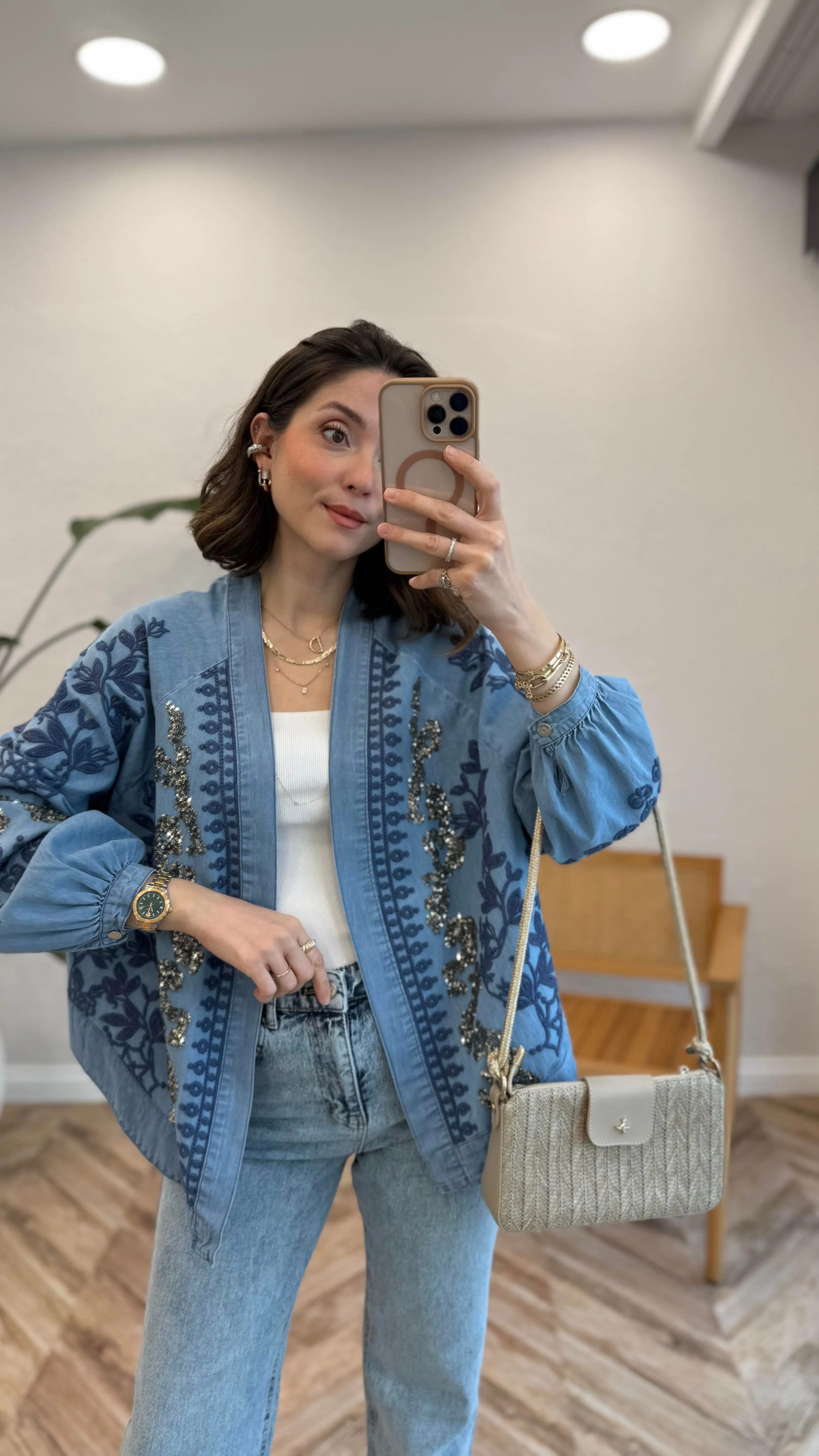 Navy Embroidery With Sequins Denim Kimono