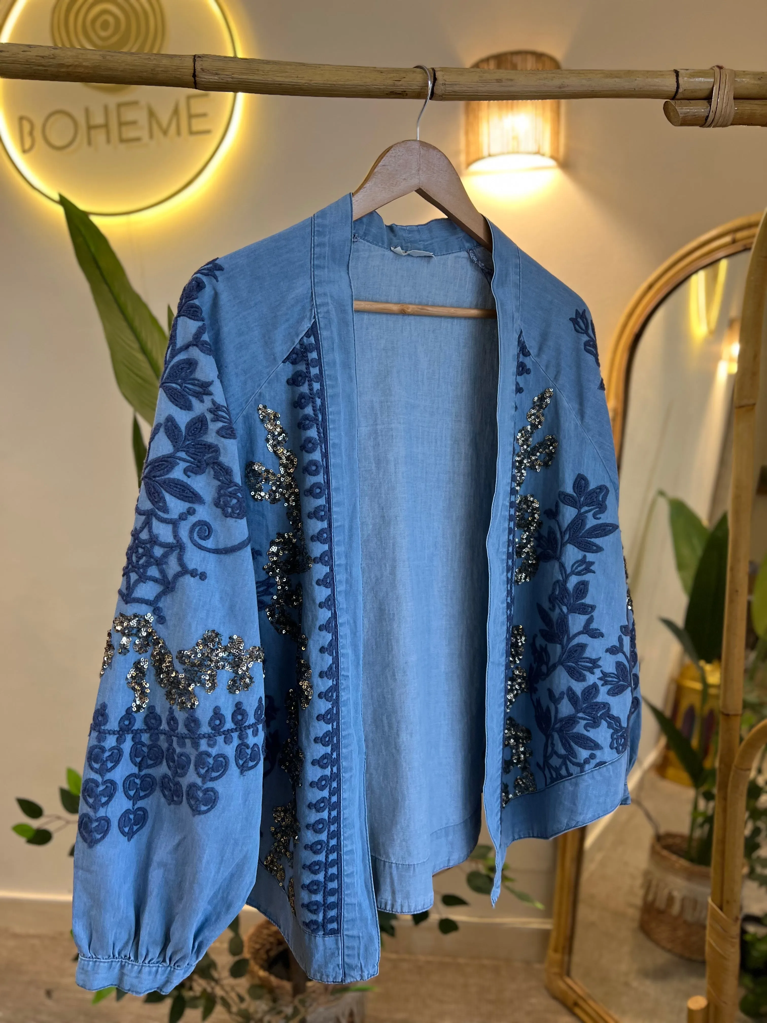 Navy Embroidery With Sequins Denim Kimono