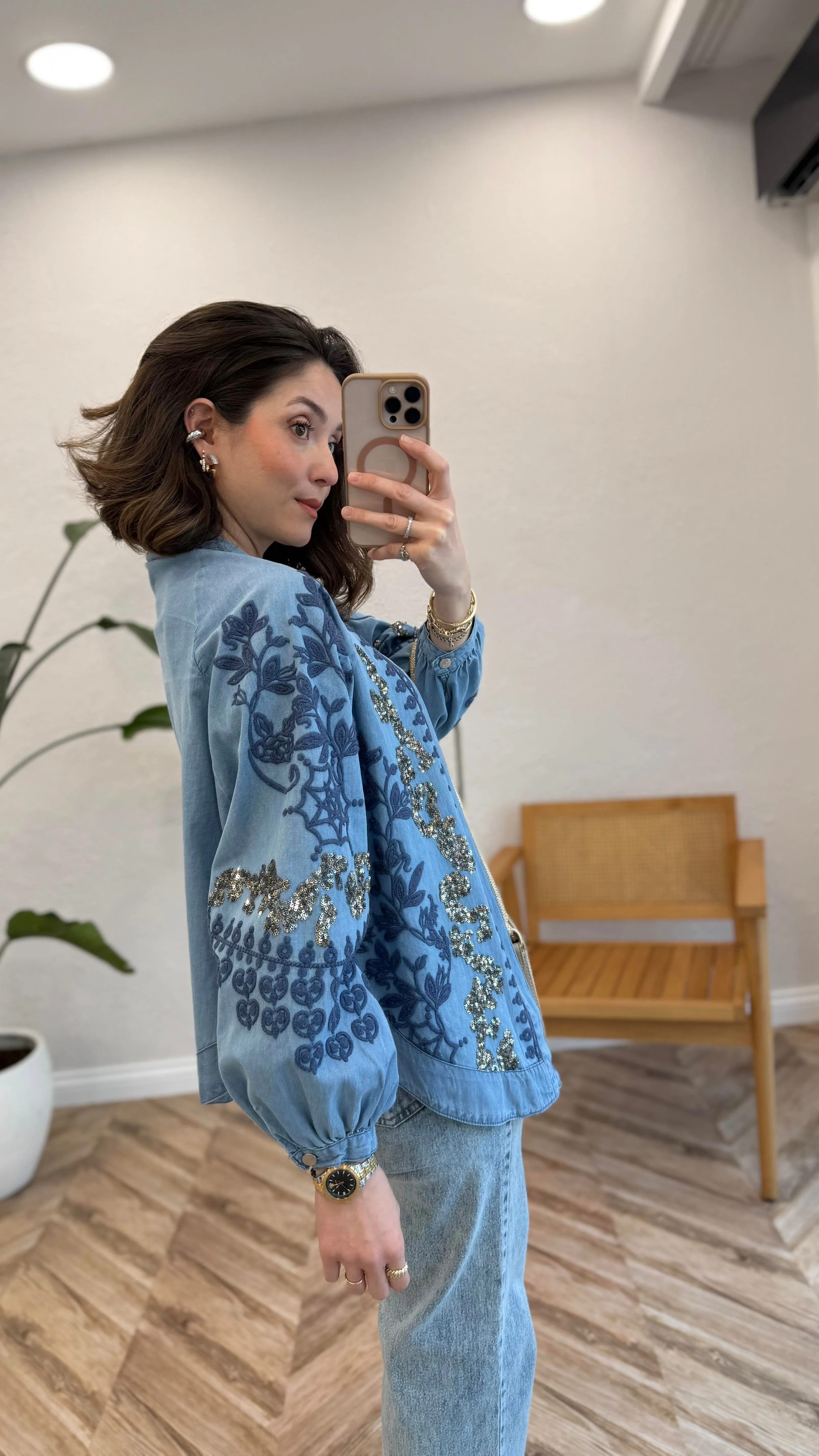 Navy Embroidery With Sequins Denim Kimono