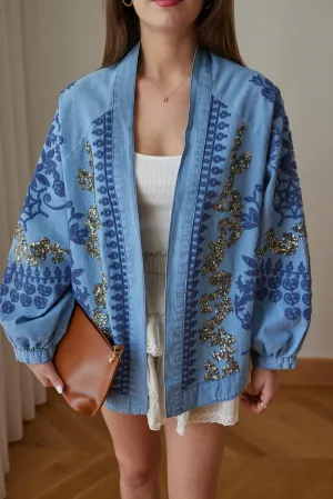Navy Embroidery With Sequins Denim Kimono