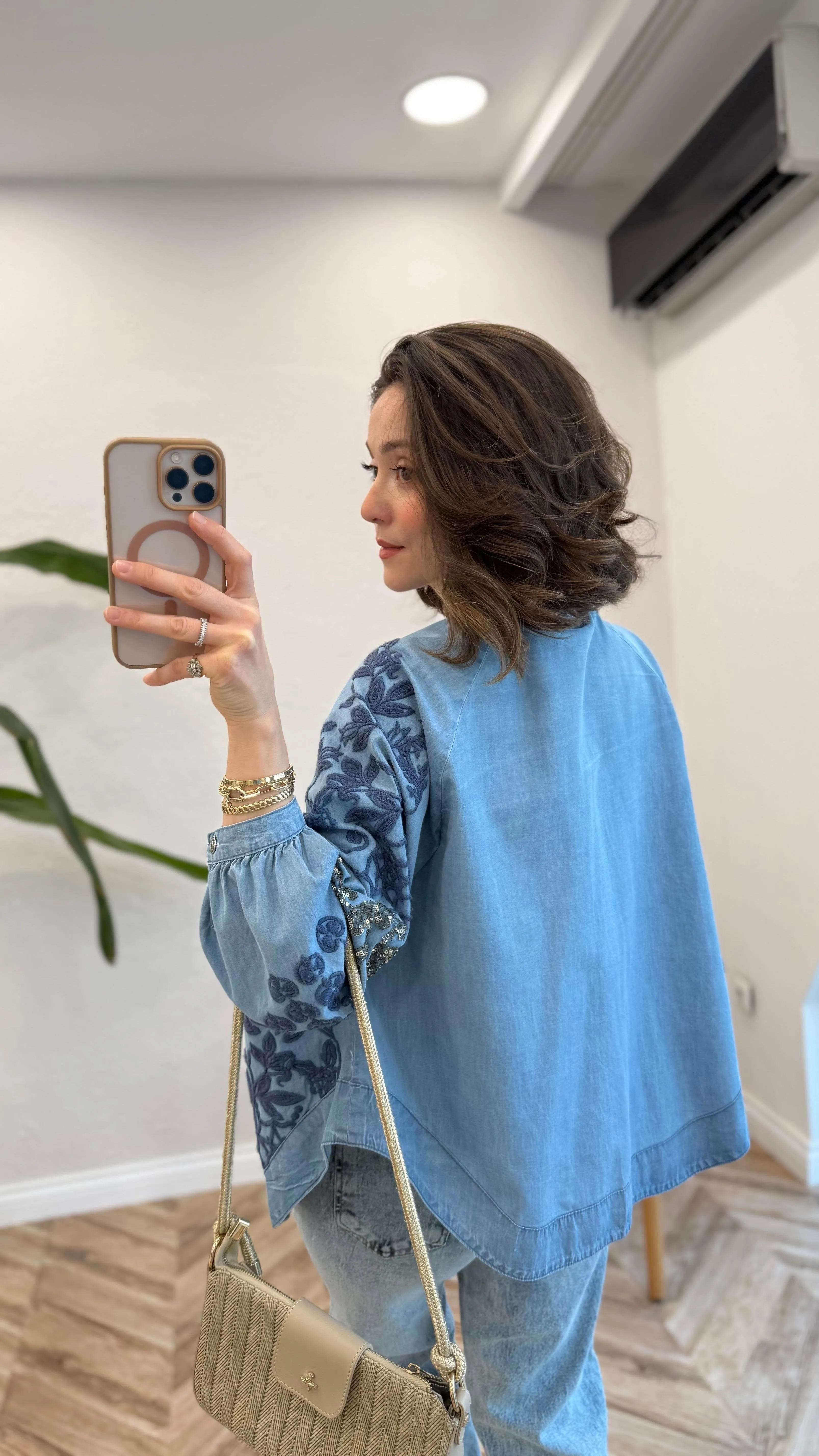 Navy Embroidery With Sequins Denim Kimono