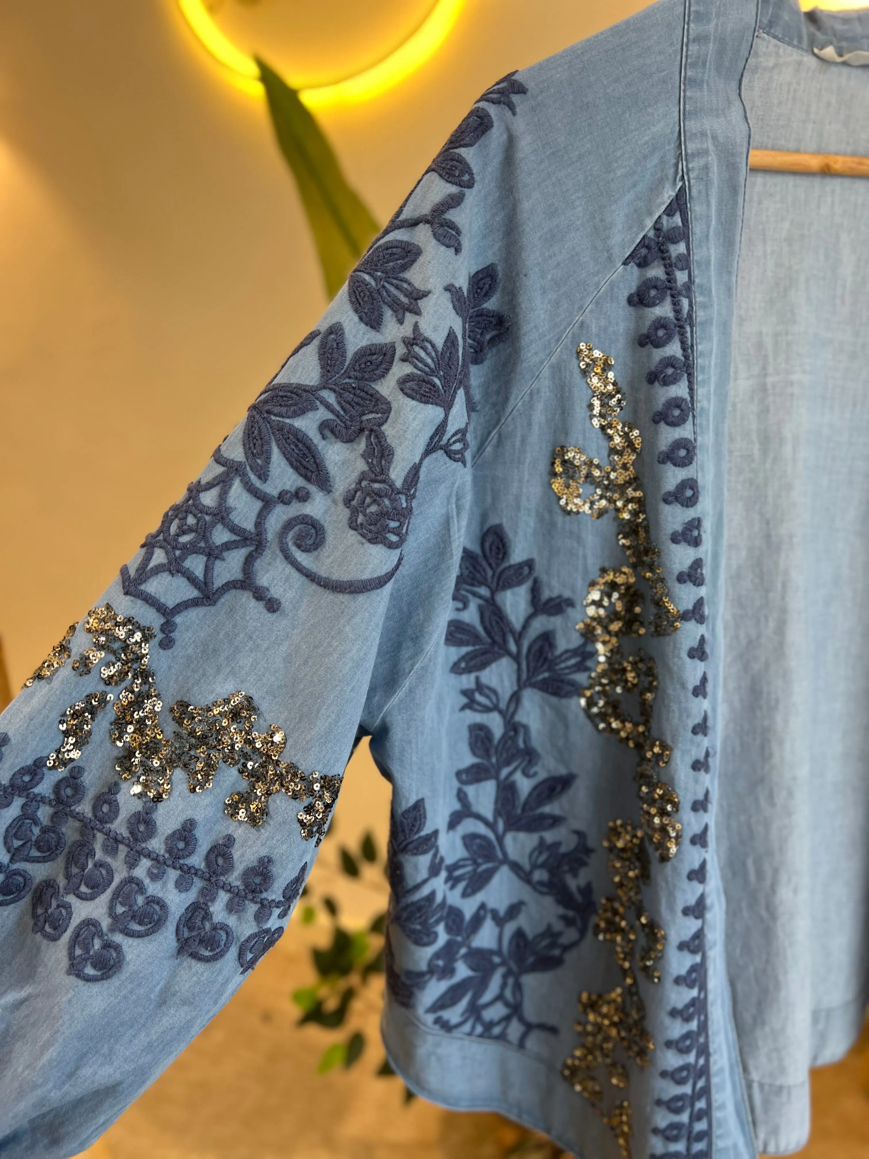 Navy Embroidery With Sequins Denim Kimono
