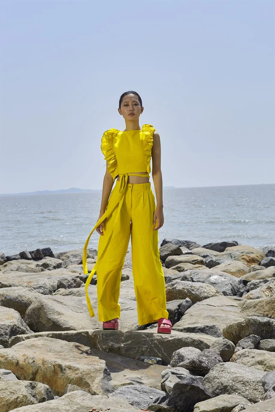 New Season Summer/Fall 24-Top Overlap Cotton Yellow-MT Overlap Top-NA Slub Yellow-Fashion Edit Mati