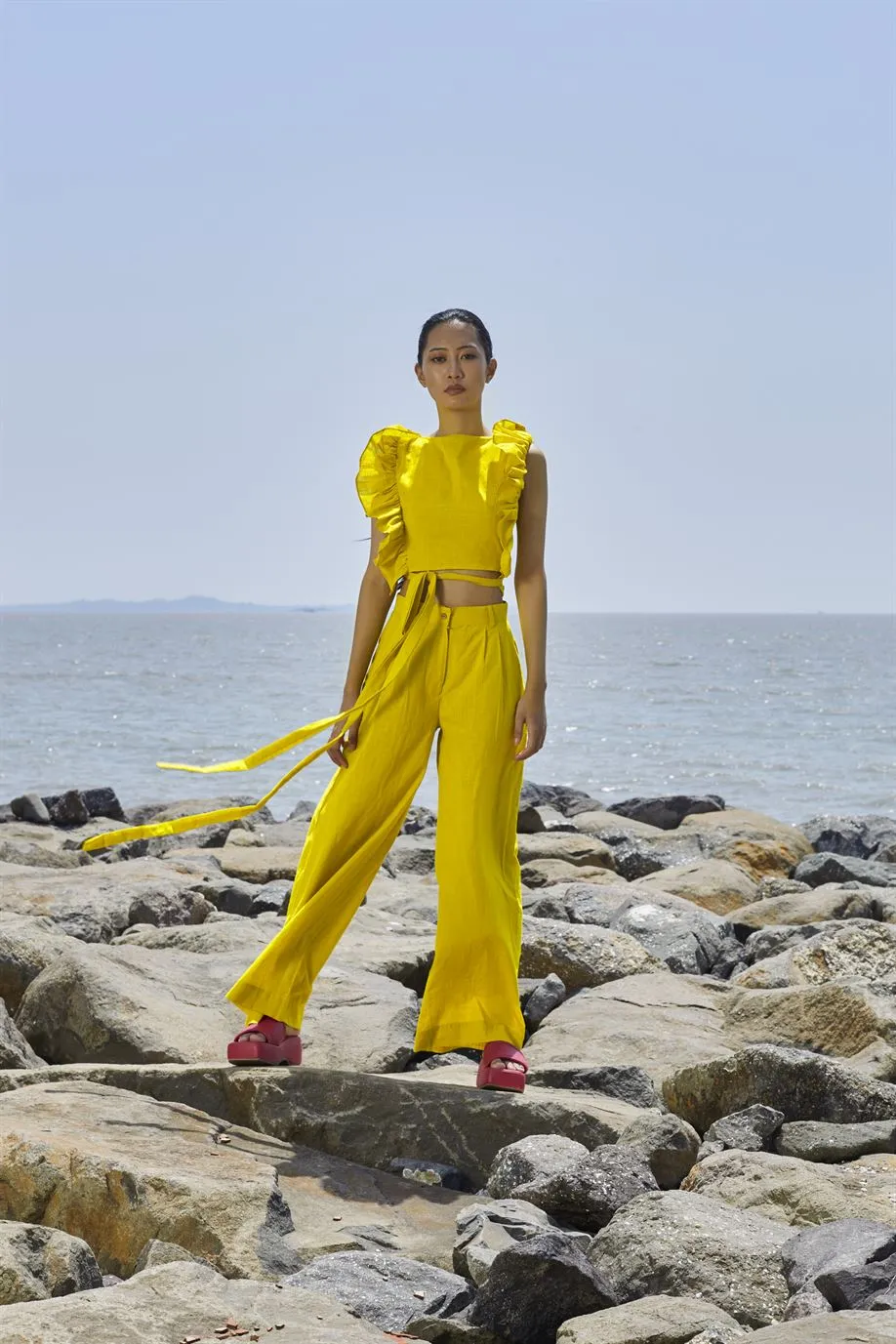 New Season Summer/Fall 24-Top Overlap Cotton Yellow-MT Overlap Top-NA Slub Yellow-Fashion Edit Mati