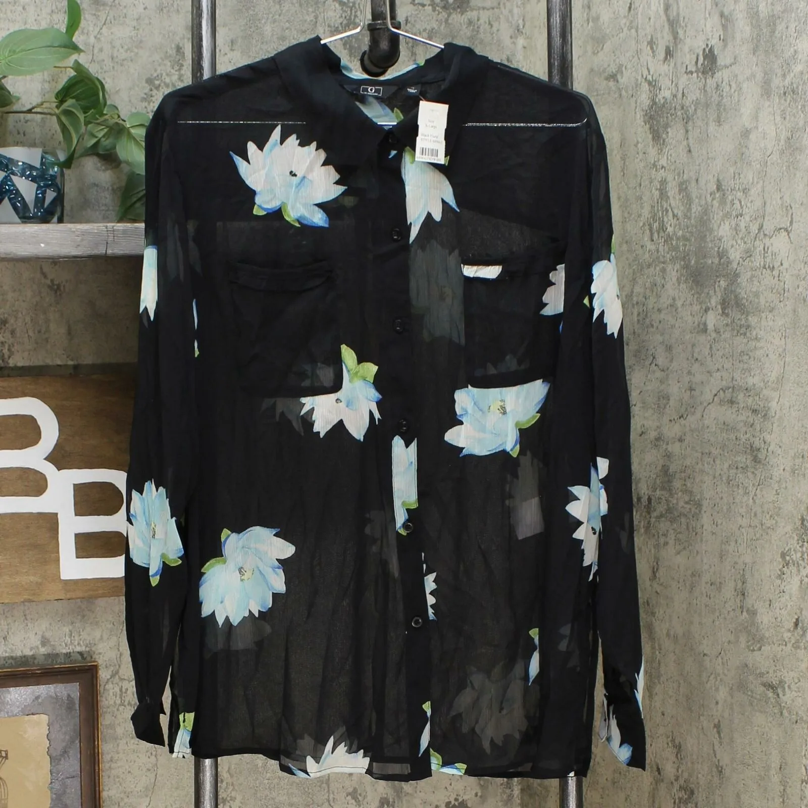 NWT G By Giuliana Womens Printed Ruffle-Pocket Button-Up Shirt. 689663 X-Large