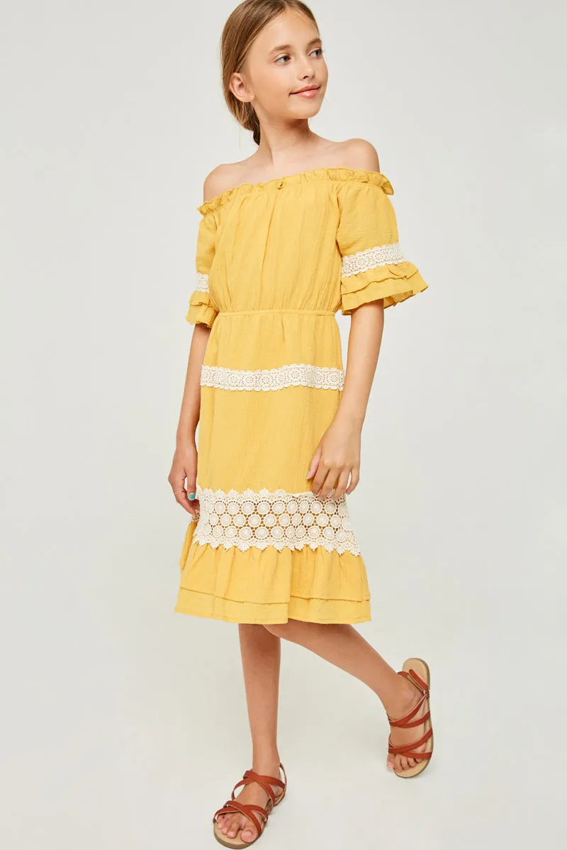 Off-Shoulder Ruffled Lace Midi Dress