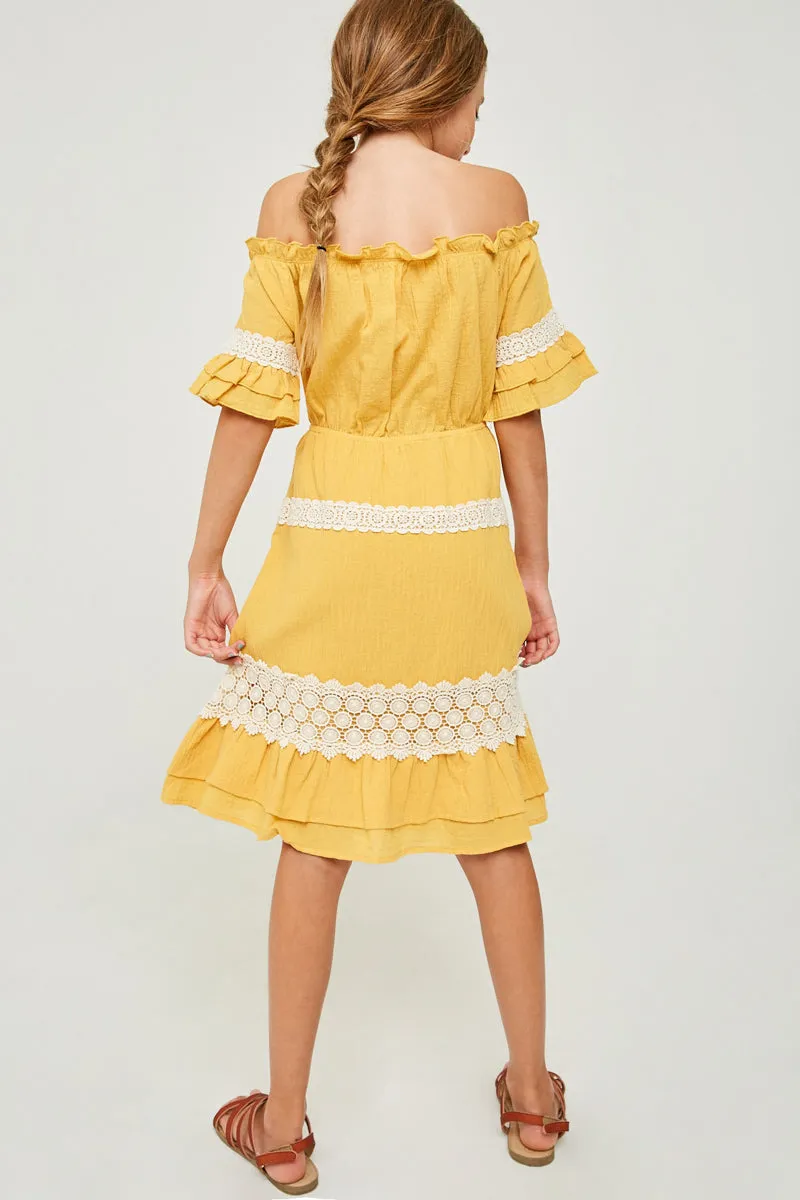 Off-Shoulder Ruffled Lace Midi Dress