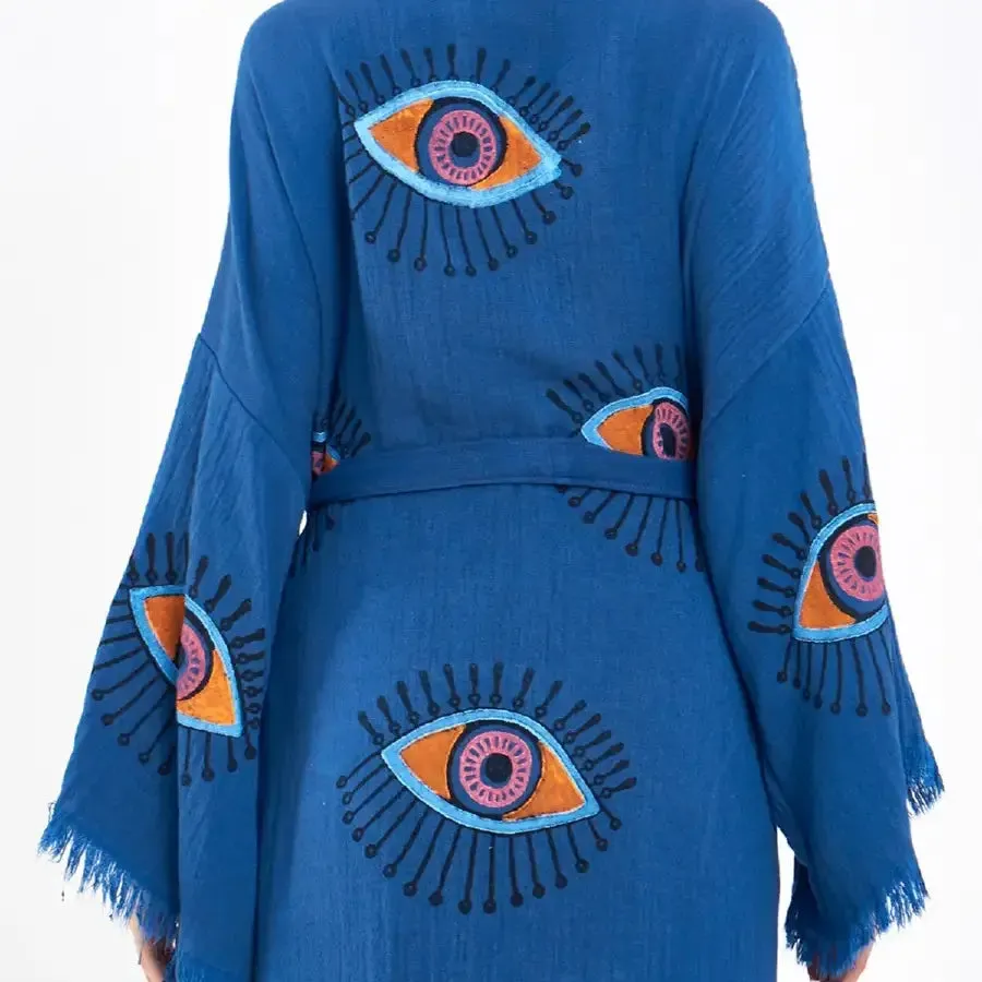 Organic Cotton Block Print Evil Eye Kimono, Boho Robe