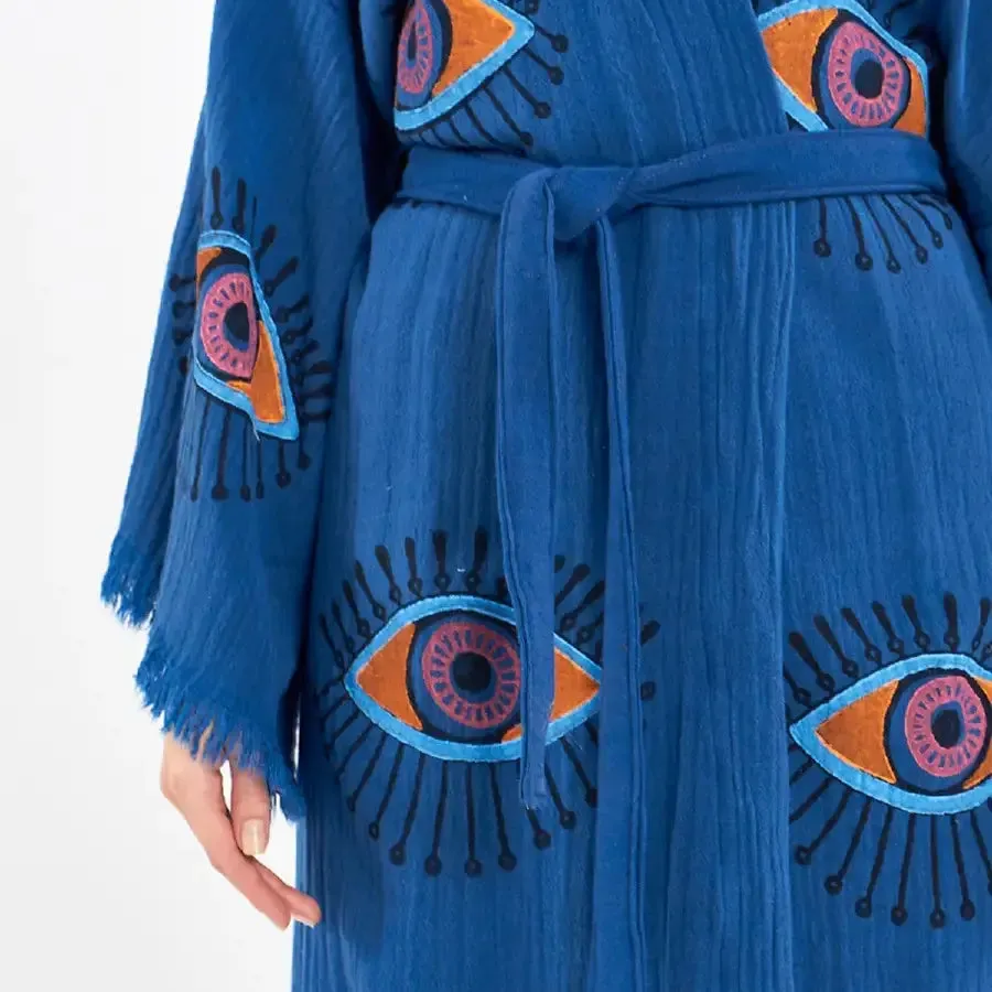 Organic Cotton Block Print Evil Eye Kimono, Boho Robe
