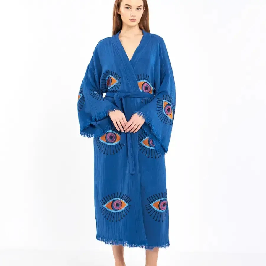 Organic Cotton Block Print Evil Eye Kimono, Boho Robe