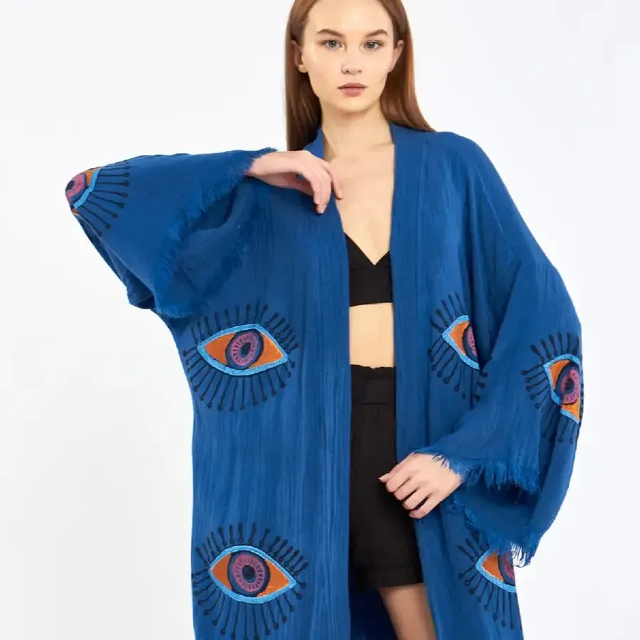 Organic Cotton Block Print Evil Eye Kimono, Boho Robe