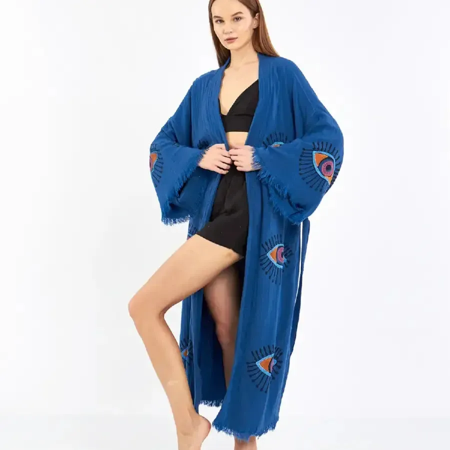 Organic Cotton Block Print Evil Eye Kimono, Boho Robe