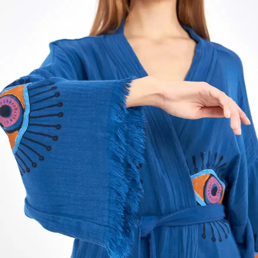 Organic Cotton Block Print Evil Eye Kimono, Boho Robe