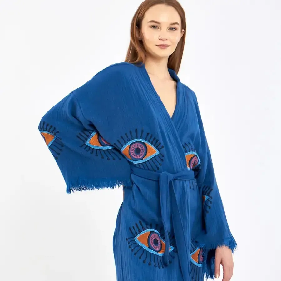 Organic Cotton Block Print Evil Eye Kimono, Boho Robe