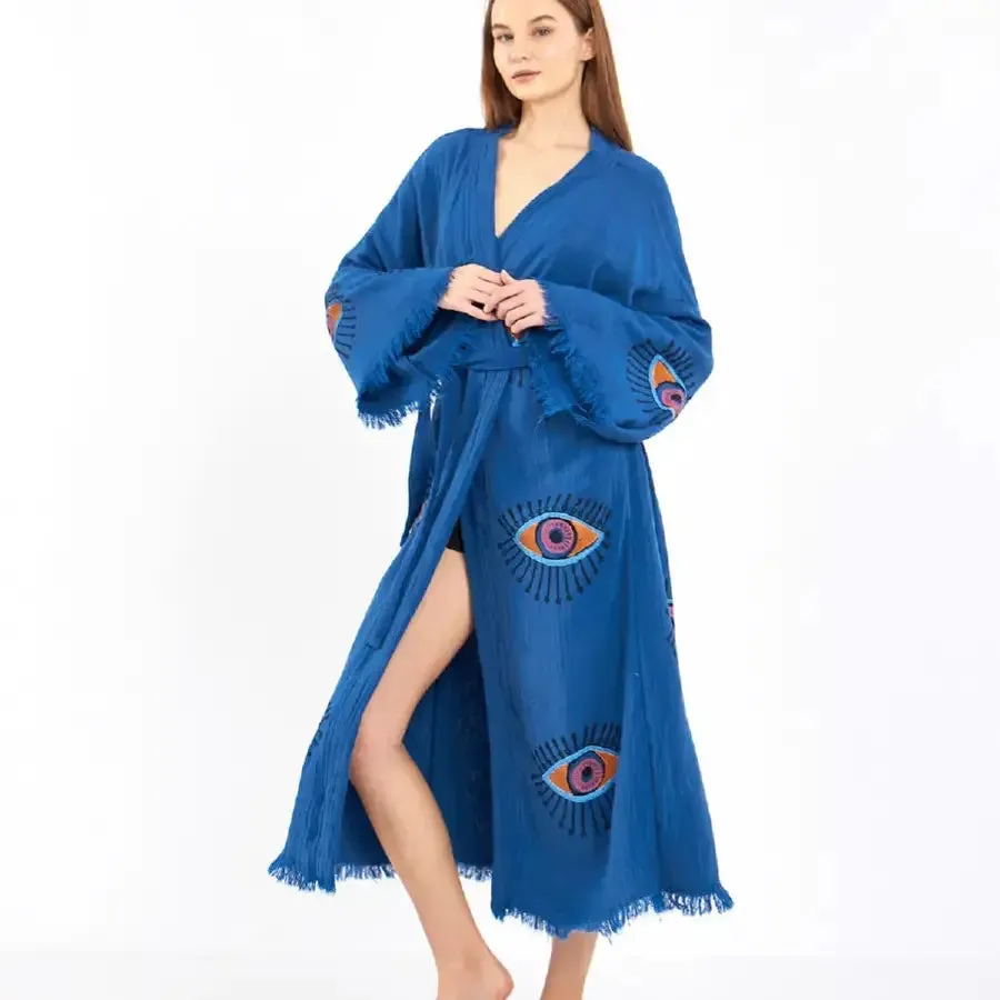 Organic Cotton Block Print Evil Eye Kimono, Boho Robe