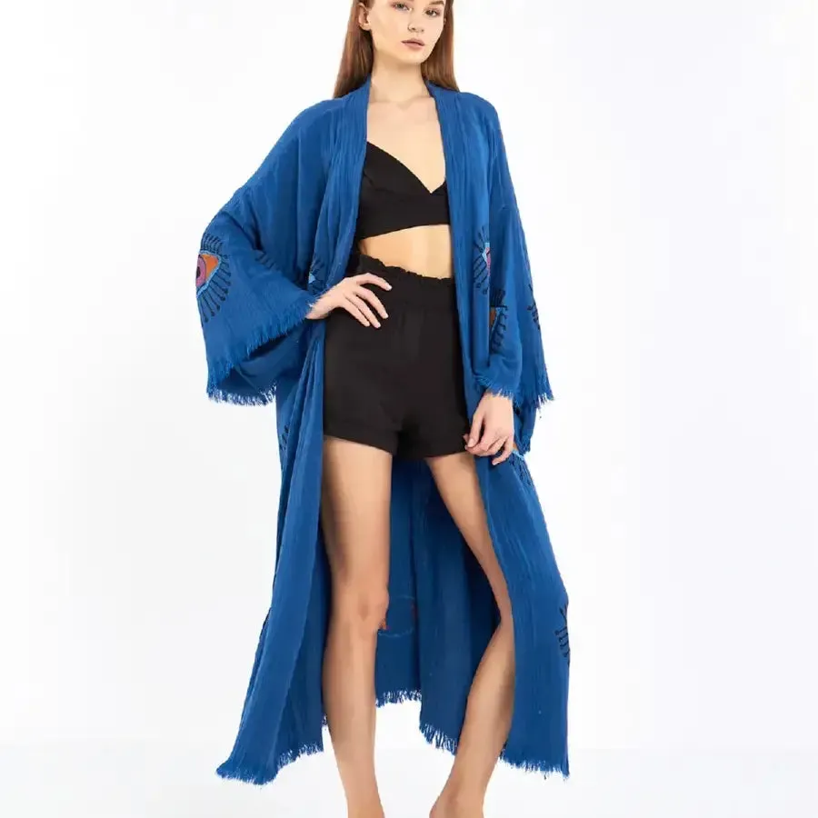 Organic Cotton Block Print Evil Eye Kimono, Boho Robe
