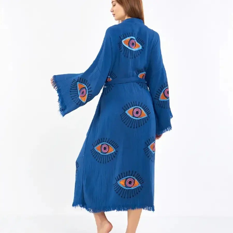 Organic Cotton Block Print Evil Eye Kimono, Boho Robe