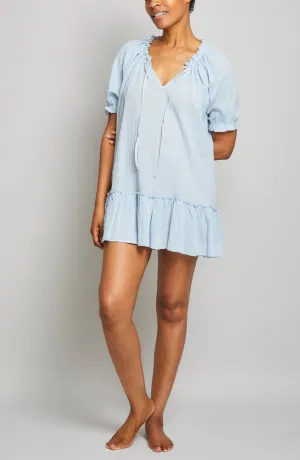 Organic Japanese Cotton Ruffled Neck / Sleeve Nightie - Light Blue