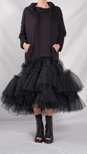 Oversized Hoodie with Ruffled Tulle Skirt Bottom
