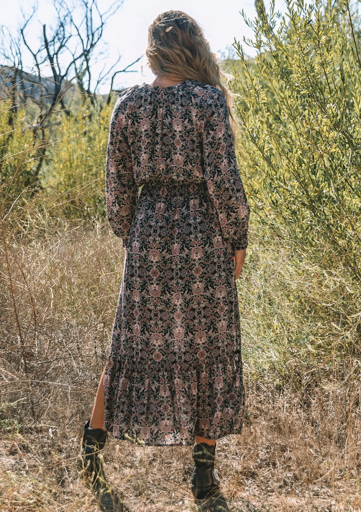 Paisley Floral Long Sleeve Tie Front Maxi Dress