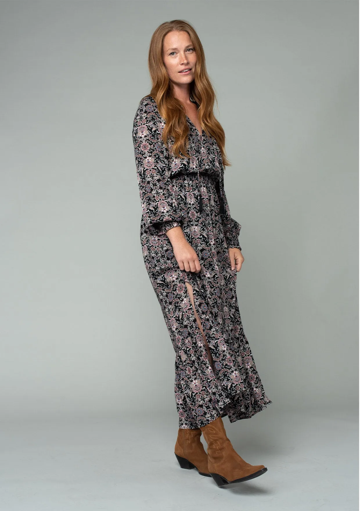 Paisley Floral Long Sleeve Tie Front Maxi Dress