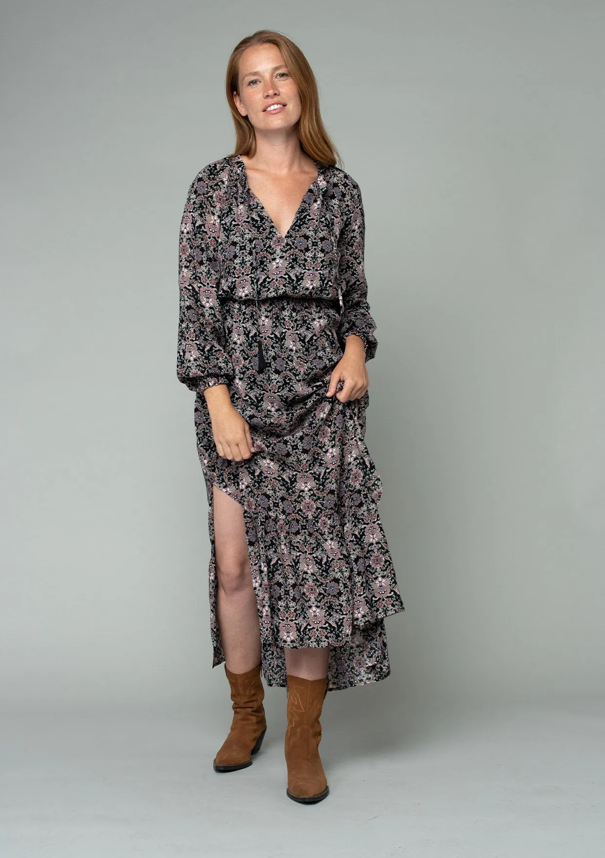 Paisley Floral Long Sleeve Tie Front Maxi Dress