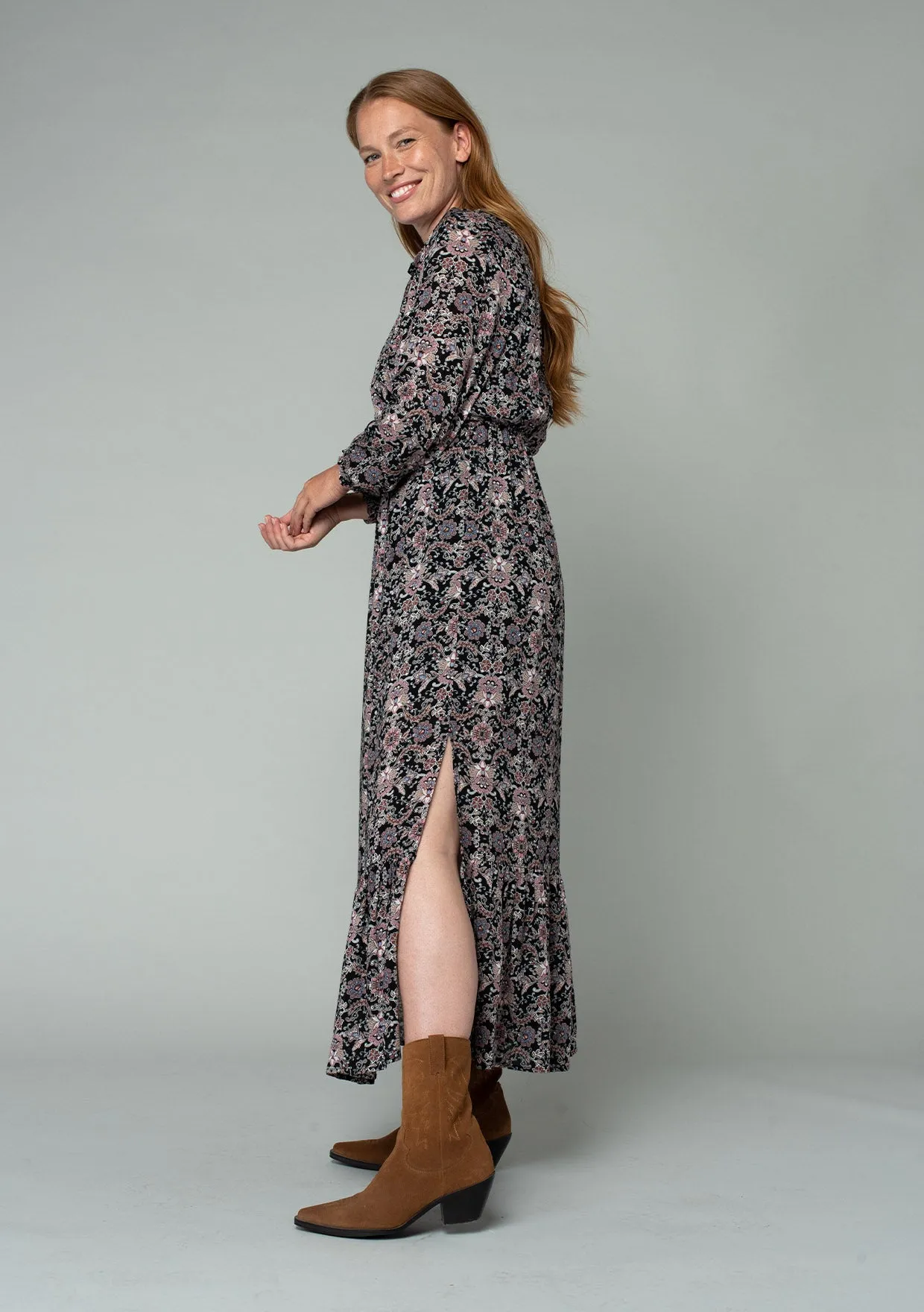 Paisley Floral Long Sleeve Tie Front Maxi Dress