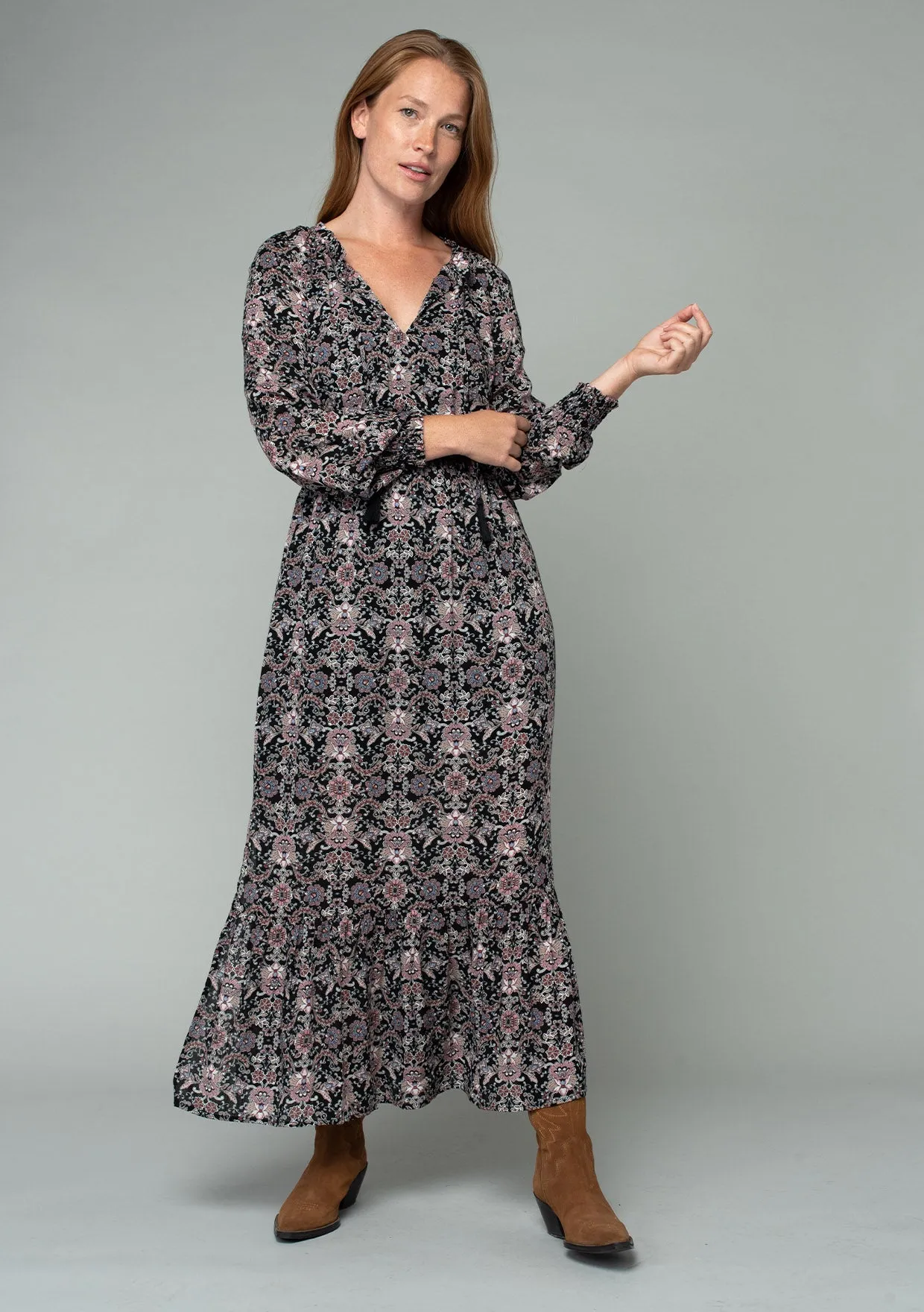 Paisley Floral Long Sleeve Tie Front Maxi Dress