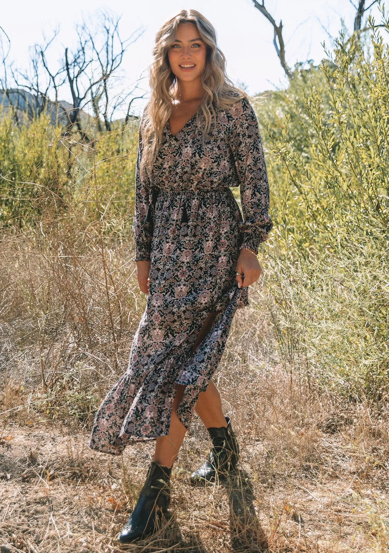 Paisley Floral Long Sleeve Tie Front Maxi Dress