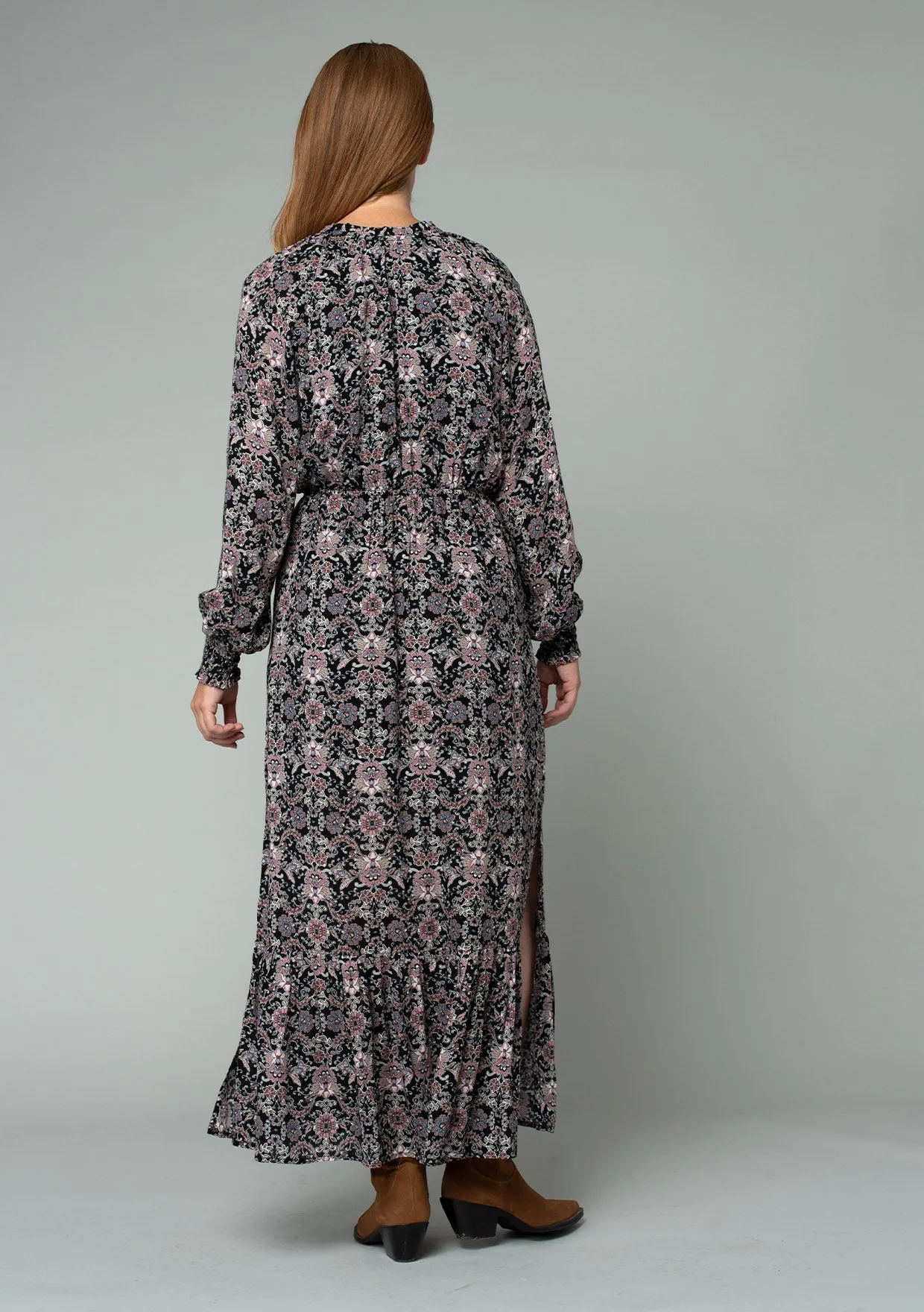 Paisley Floral Long Sleeve Tie Front Maxi Dress
