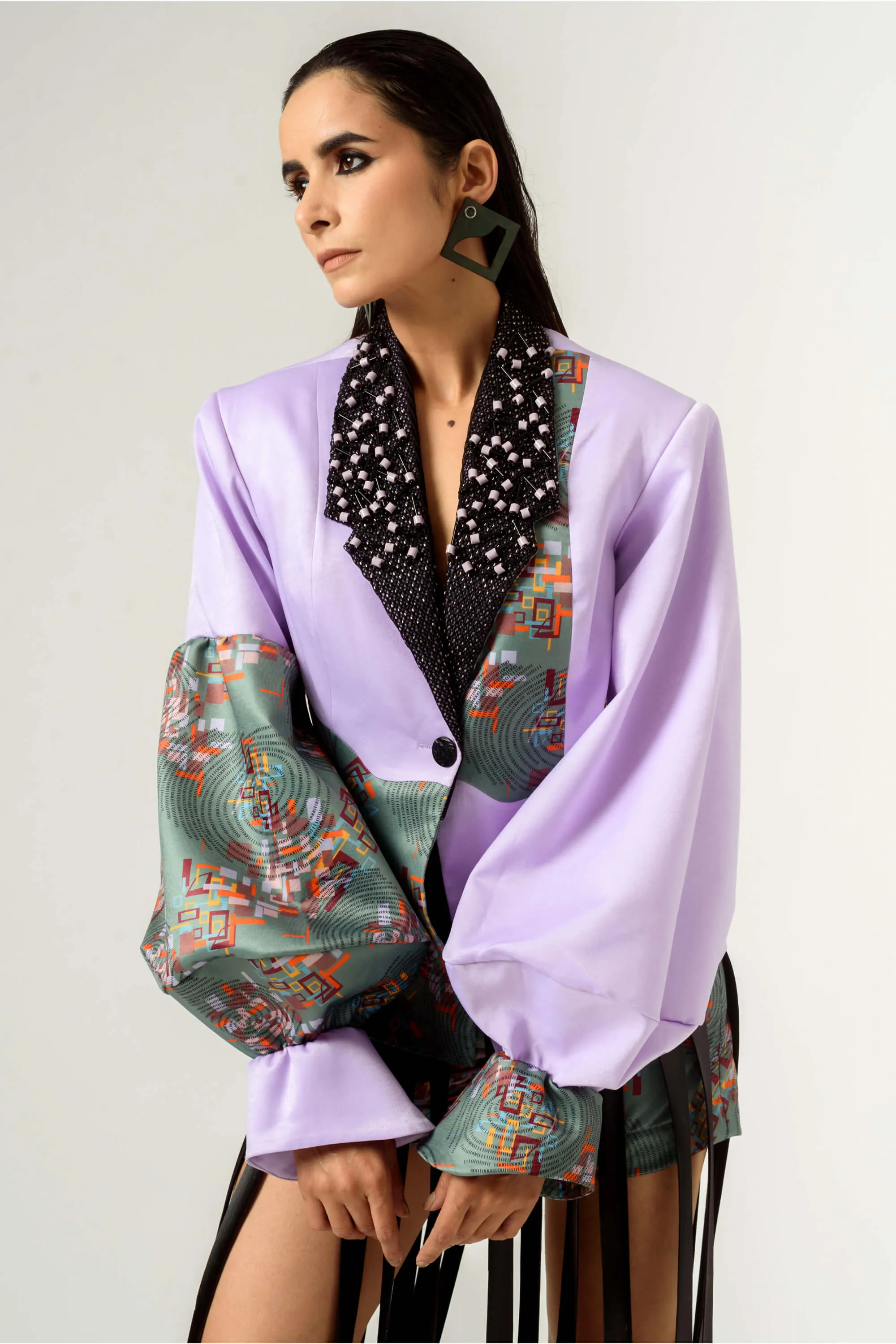 Patched embroidered lilac blazer
