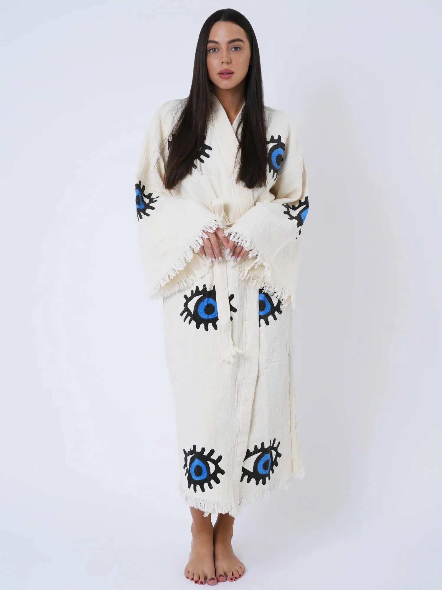 Peshtemal Natural with Blue Evil Eye Kimono/Robe