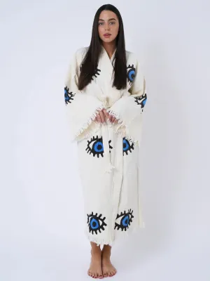Peshtemal Natural with Blue Evil Eye Kimono/Robe