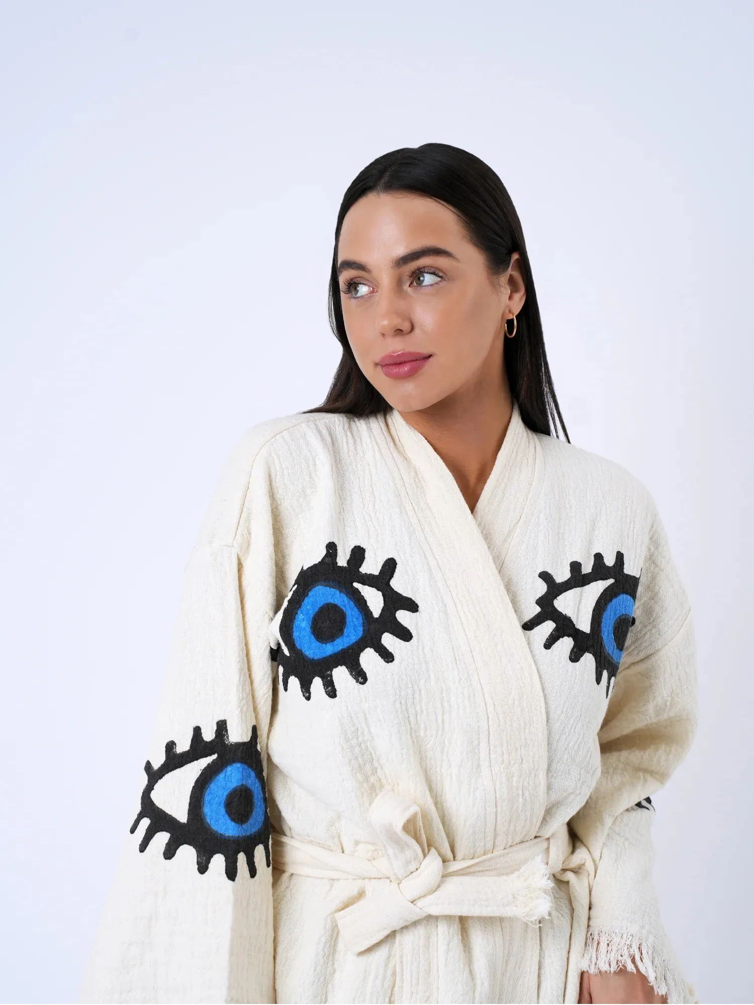 Peshtemal Natural with Blue Evil Eye Kimono/Robe