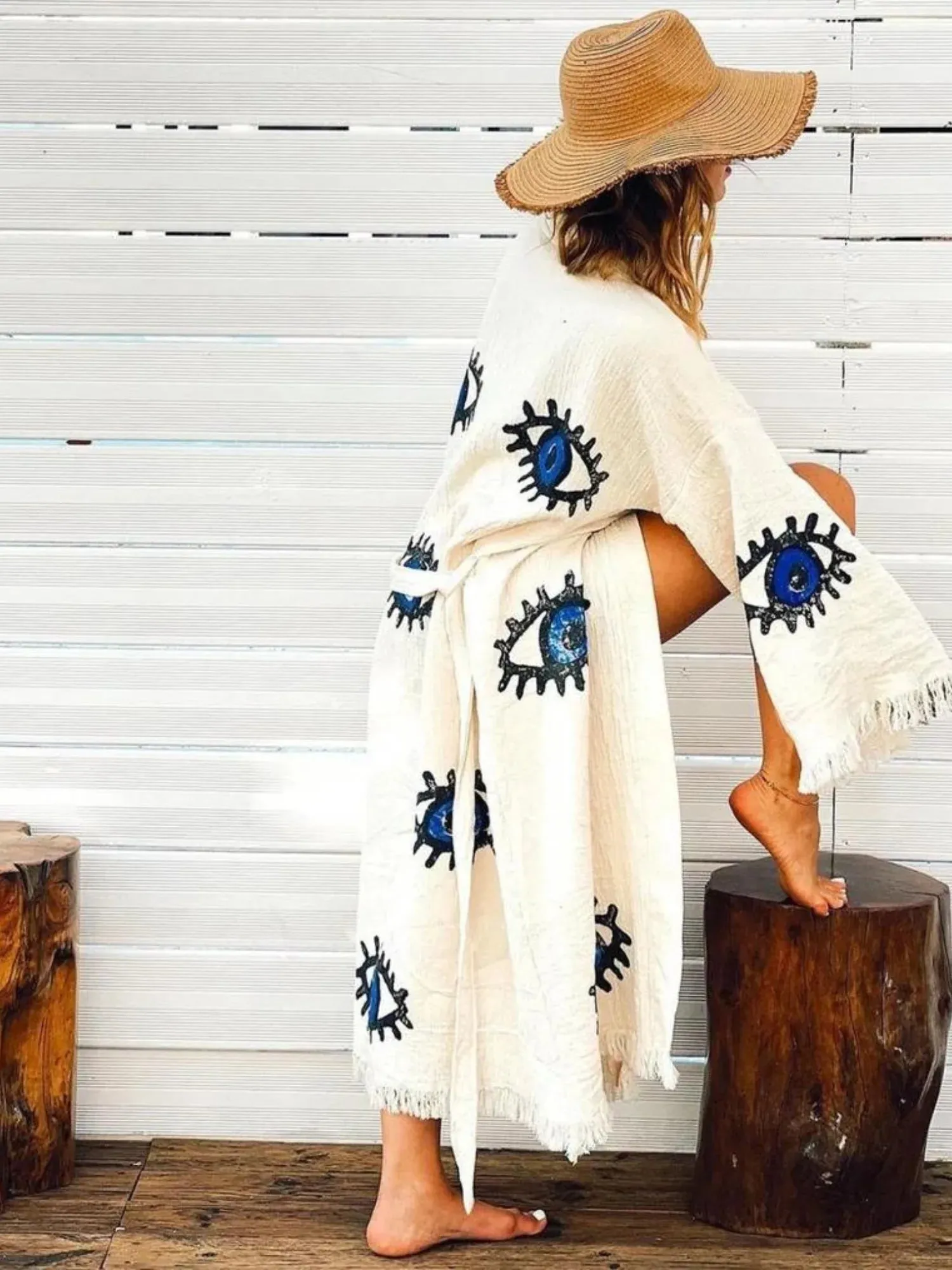 Peshtemal Natural with Blue Evil Eye Kimono/Robe