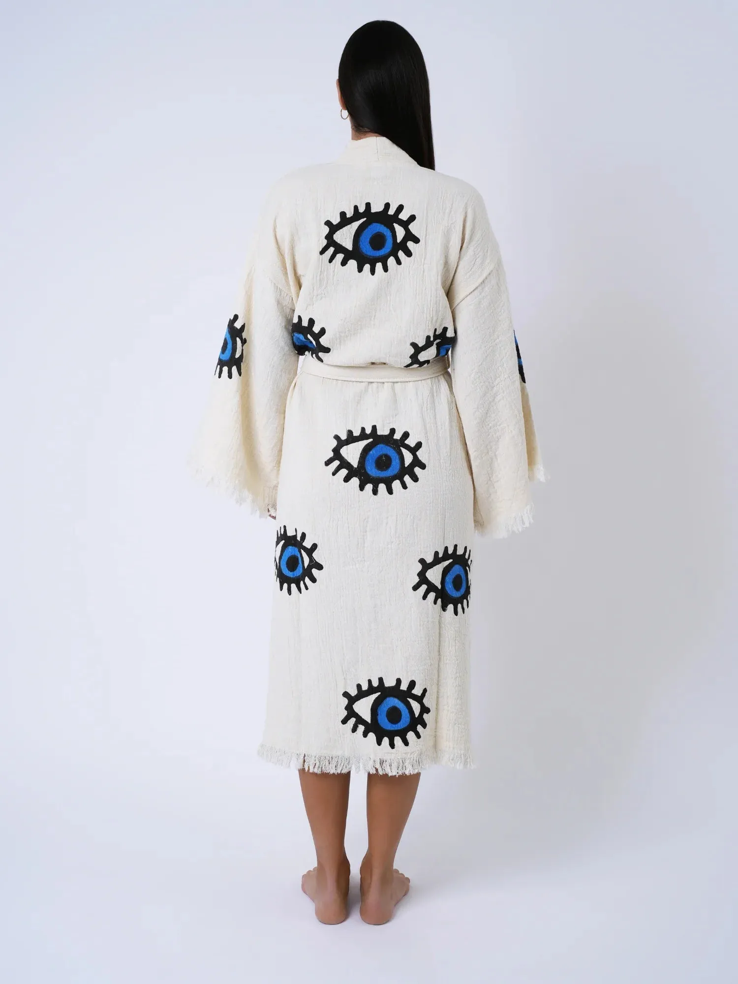 Peshtemal Natural with Blue Evil Eye Kimono/Robe