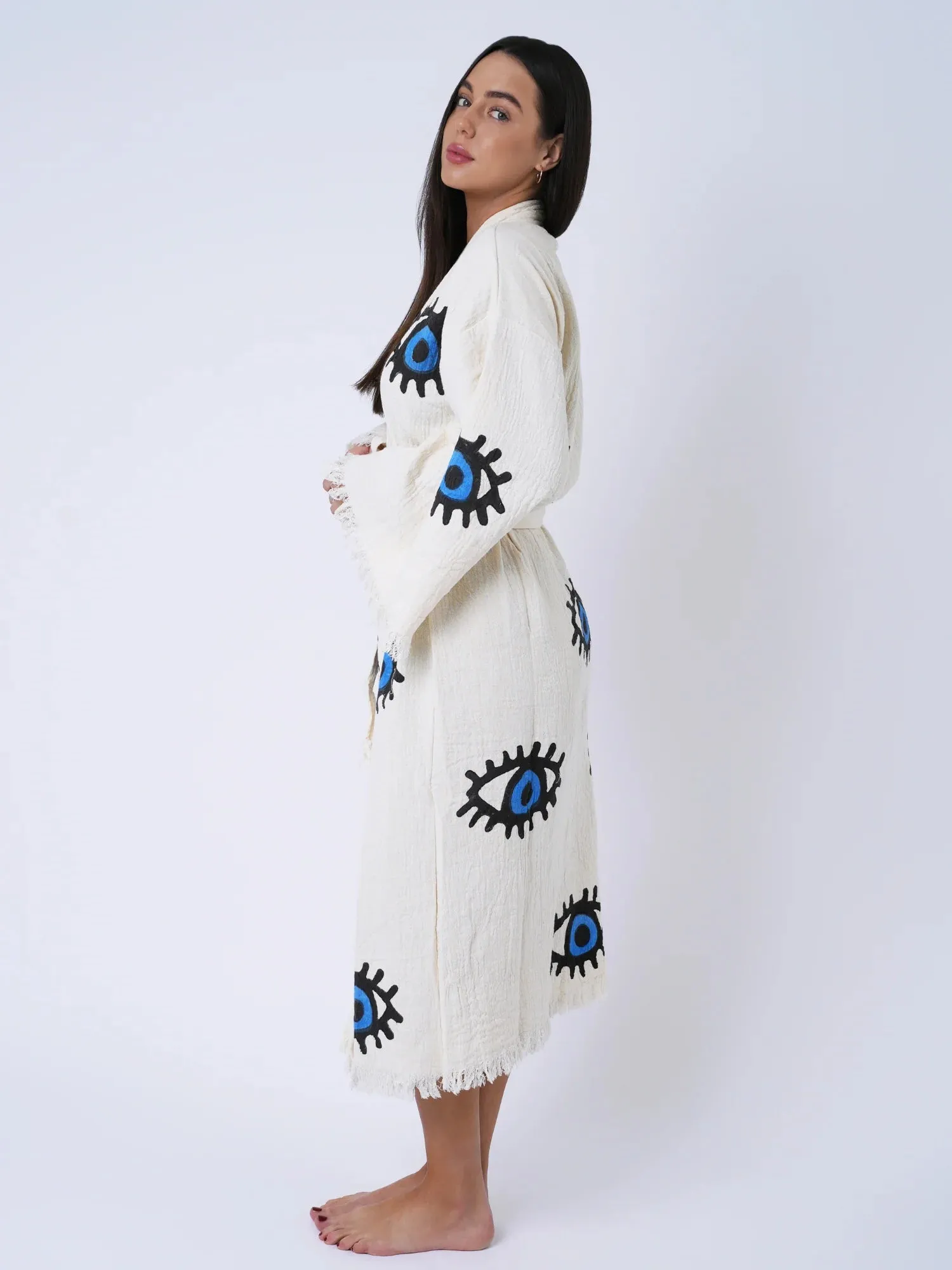 Peshtemal Natural with Blue Evil Eye Kimono/Robe